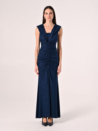 Robe bleue à fronces et micro-paillettes