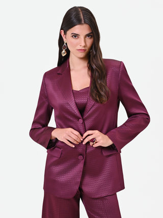 Burgundy Red Single-Breasted Jacquard Satin Jacket