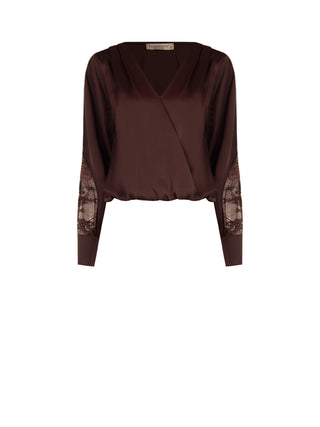 Chocolate Satin Blouse with Lace Inserts