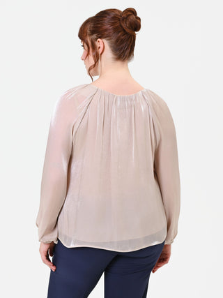 Curvy Beige Taupe Satin Blouse with Jewel Detail
