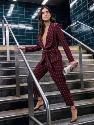 Burgundy Pinstripe Belted Blazer