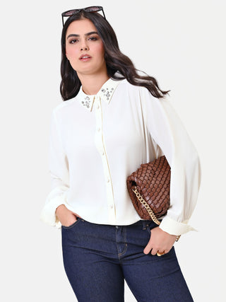 Camicia Curvy panna con colletto gioiello