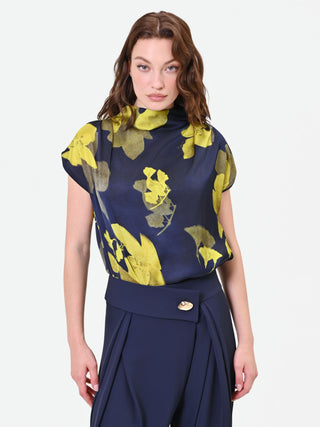 Navy Blue Floral Print Draped Top