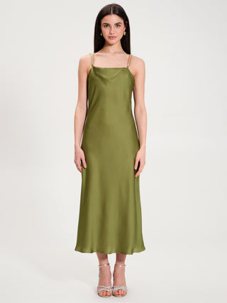 Moss Green Cowl-Neck Dress with Chain