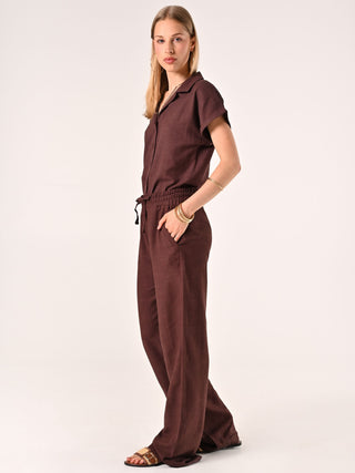 Pantalon ample marron chocolat en lin et coton