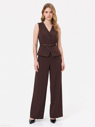Brown cady jumpsuit with vest effect and belt