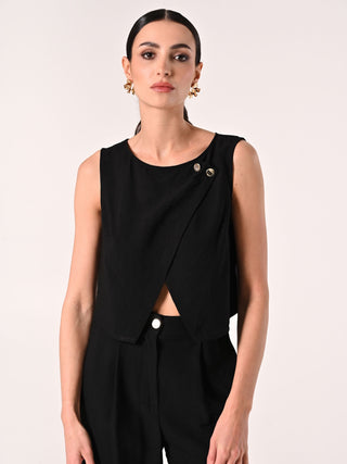Crop Top Nero con Bottoni Gioiello