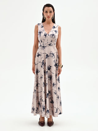 Abito lungo blu navy con stampa floreale