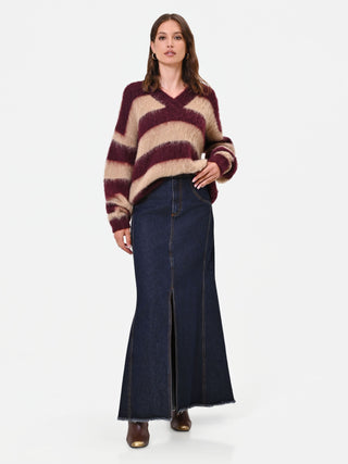 Gonna lunga in denim blu navy con spacco frontale