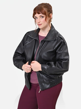 Curvy Black Faux Leather Jacket with Asymmetric Closure