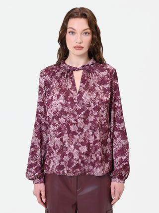 Patterned Burgundy Blouse with Twisted Neckline