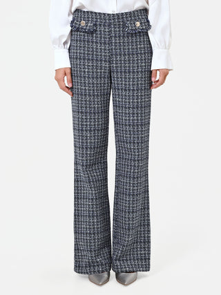 Navy Blue Bouclé Straight-Leg Trousers