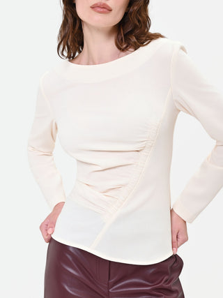 Weiße Bluse mit asymmetrischer Drapierung