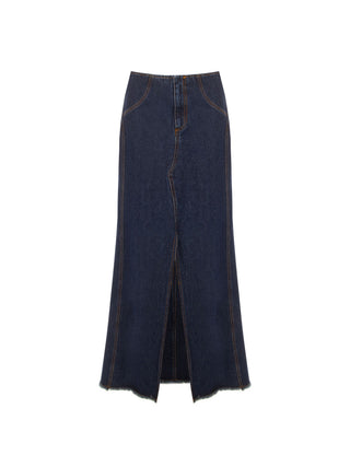 Long Navy Blue Denim Skirt with Front Slit