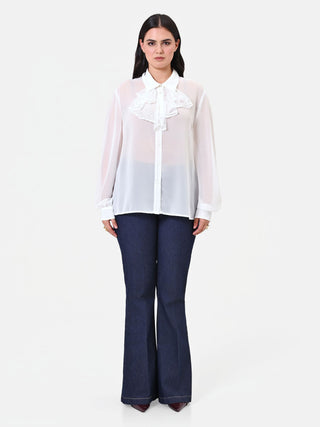 Camicia Curvy panna con dettaglio jabot e pizzo