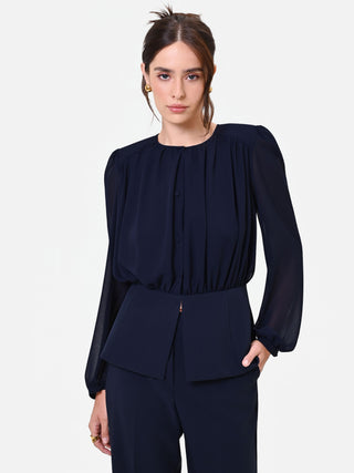 Marineblaue Studio-Bluse aus Georgette mit Schößchen