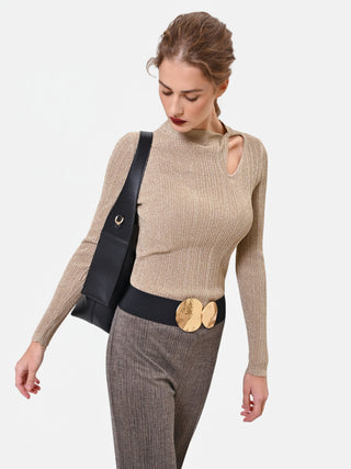 Maglia in viscosa oro a costine con cut-out