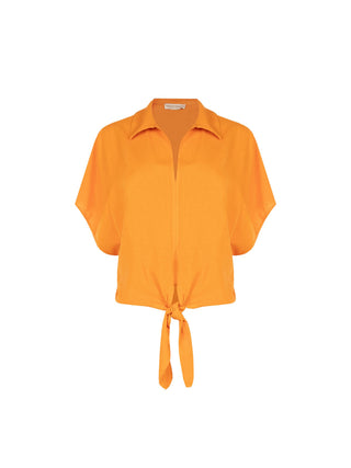 Leinenbluse mit Knoten in Orange
