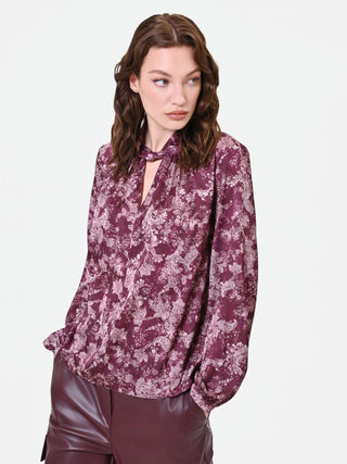 Patterned Burgundy Blouse with Twisted Neckline