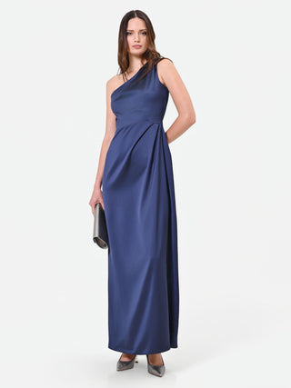 Robe longue drapée asymétrique bleu marine
