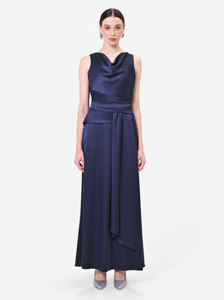 Abito lungo blu navy con scollo drappeggiato