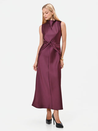 Long Burgundy Red Satin Dress with Draped Knot