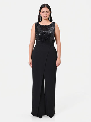 Curvy Black Jumpsuit with Sequin Bodice and Slit