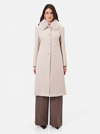Cappotto monopetto tortora beige con collo effetto pelliccia