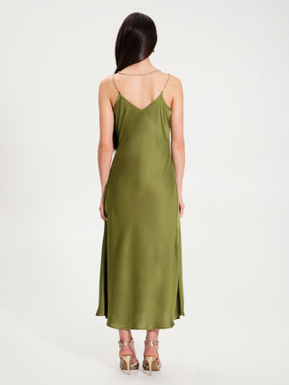 Moss Green Cowl-Neck Dress with Chain