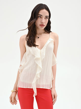 Top bianco con rouches asimmetriche