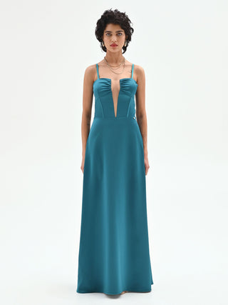 Long petrol blue satin dress with a sheer neckline – Rinascimento