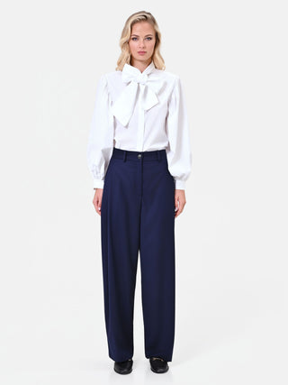 Navyblaue Palazzo-Hose mit Bundfalten aus Tech-Gewebe