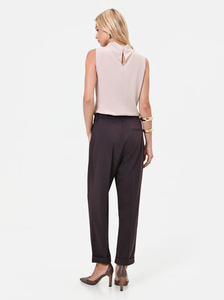 Dark Brown Straight-Leg Cuffed Trousers in Poly-Viscose