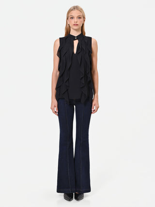 Top nero in georgette con rouches