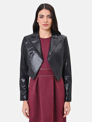 Veste cropped noire à larges revers