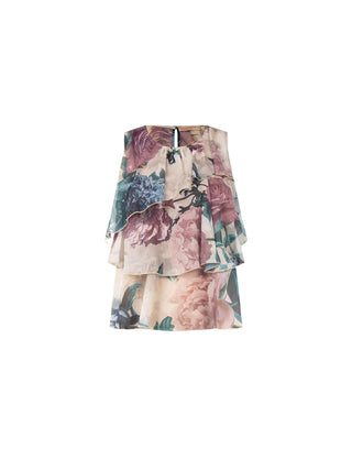 Top rosa antico con balze e stampa floreale