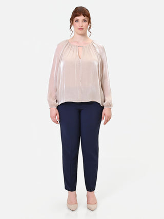 Curvy Beige Taupe Satin Blouse with Jewel Detail