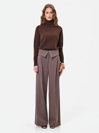 Pantalone in misto viscosa marrone a palazzo con vita asimmetrica