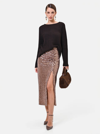 Burgundy Draped Sequin Midi Skirt