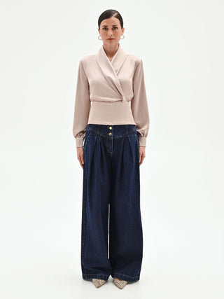 Taupe Beige Satin Wrap Blouse
