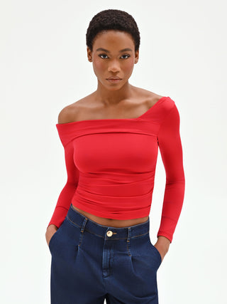 Red Asymmetric Neckline T-shirt