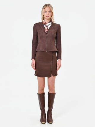Dunkelbraune Kunstlederjacke mit Schößchen