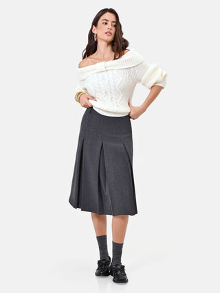 Dark Grey Viscose-Blend Midi Skirt with Box Pleats
