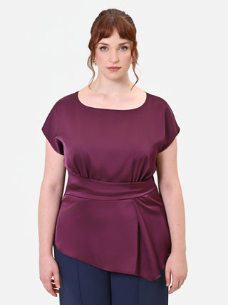 Burgundy Satin Curvy Blouse with Asymmetric Drape