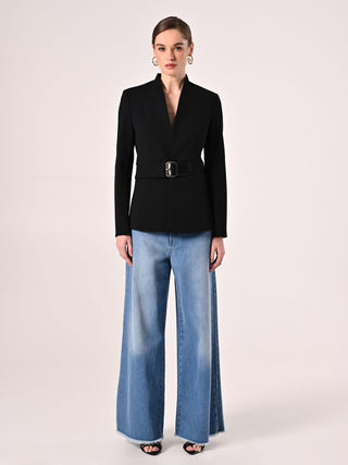 Short Black Jacket in Scuba Crepe with Buckle
