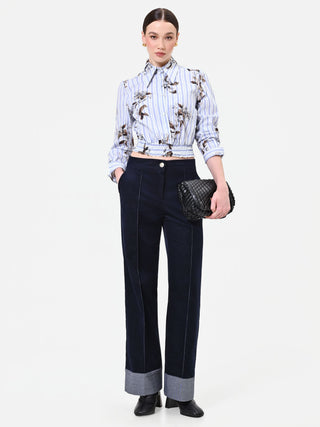 Pantalone blu navy in velluto con risvolto a contrasto