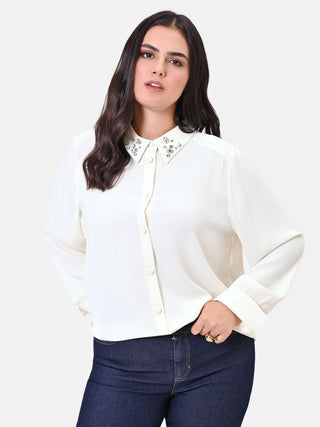 Camicia Curvy panna con colletto gioiello