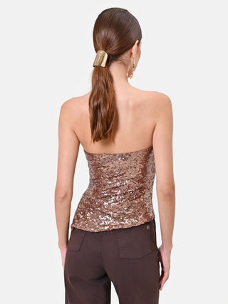 Top paillettes a fascia bronzo con drappeggio