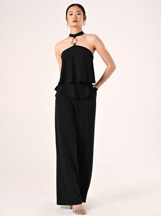 Black Flouncy Jumpsuit with Jewel Detail