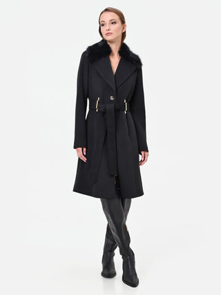 Cappotto nero in velaur con collo effetto pelliccia